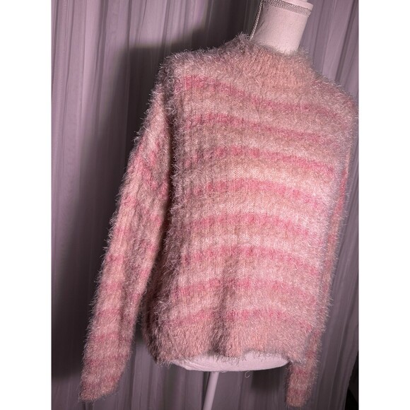 Candie's XL Sweater Pink Striped Ribbed Eyelash Fuzzy Soft Coquette Cottage - Picture 3 of 4